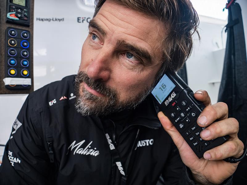 The Ocean Race 2022-23 Leg 3 Day 24 onboard Team Malizia. Skipper Boris Herrmann talking to one of the other boats through the VHF - photo © Antoine Auriol / Team Malizia / The Ocean Race