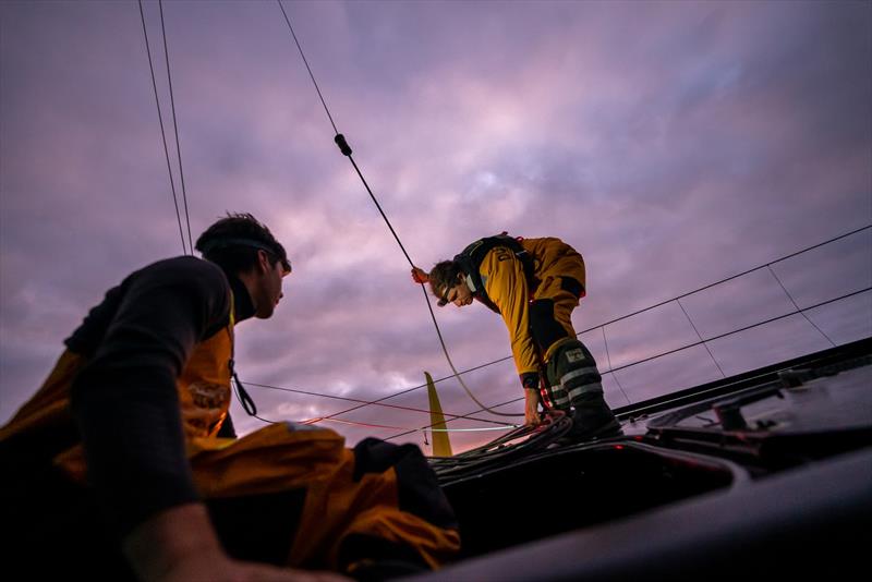 The Ocean Race 2022-23 - 27 February , Leg 3, Start Day onboard GUYOT environnement - Team Europe. SÅ½bastien Simon and Benjamin Dutreux getting ready for the first night photo copyright Charles Drapeau / Guyot environnement - Team Europe taken at  and featuring the IMOCA class