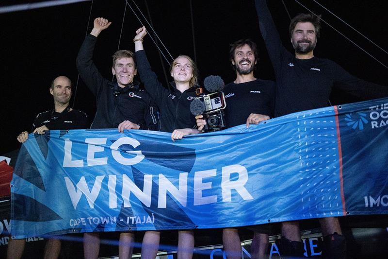Team Malizia's sailing crew after they crossed the finish line of Leg 3 in first position - The Ocean Race - photo © Ricardo Pinto / Team Malizia