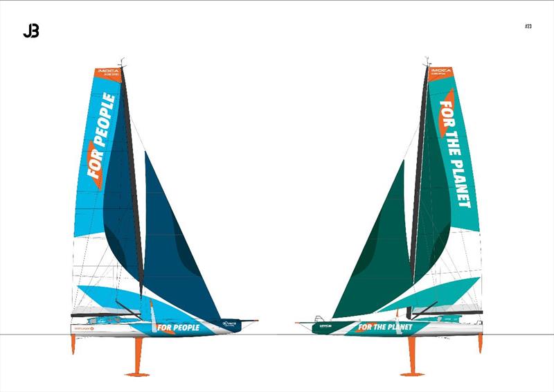 Two sailboats promoting the same FOR PEOPLE AND PLANET project photo copyright  Agence TB Press taken at  and featuring the IMOCA class