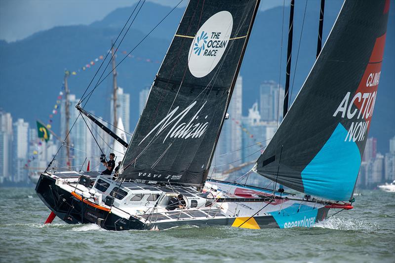 Malizia - Seaexplorer and her onboard reporter Antoine Auriol in front of Itajaí, Brazil, at the start of Leg 4 - The Ocean Race - photo © Ricardo Pinto / Team Malizia