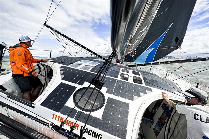 The Ocean Race 2022-23 -Leg 4 start onboard 11th Hour Racing Team. Charlie Enright and Francesca Clapcich split the cockpit hatches for good visibility outside the boat - photo © Amory Ross / 11th Hour Racing / The Ocean Race