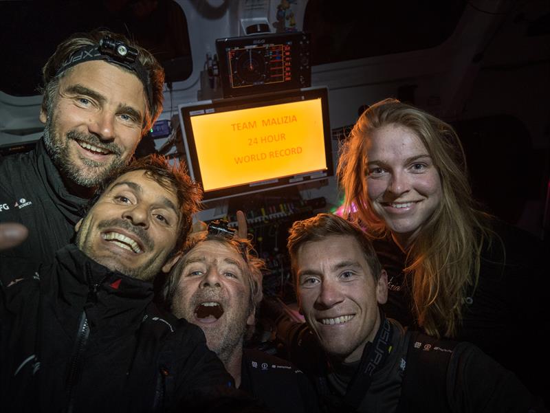 The Ocean Race 2022-23 - 26 May, Leg 5, Day 5 onboard Team Malizia. The crew celebrates that Team Malizia broke the 24h speed record challenge sponsored by Ulysse Nardin at 641.13 nm photo copyright Antoine Auriol / Team Malizia / The Ocean Race taken at  and featuring the IMOCA class