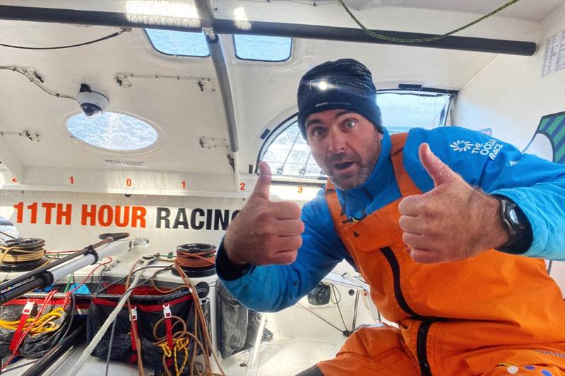 The Ocean Race 2022-23 - 28 May , Leg 5 Day 7 onboard 11th Hour Racing Team. Skipper Charlie Enright showing up a good mood as they lead the fleet full speed to Aarhus photo copyright Justine Mettraux / 11th Hour Racing / The Ocean Race taken at  and featuring the IMOCA class