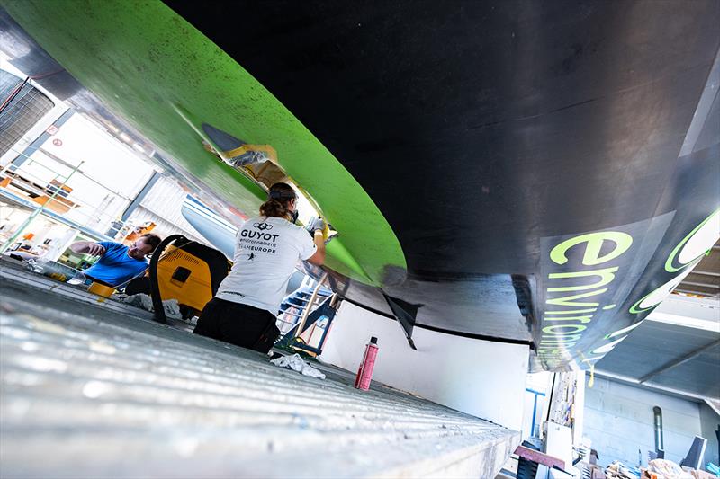 The yacht, mast, foils and rudder are being repaired in Kiel at the Knierim shipyard to get GUYOT environnement - Team Europe back on the start line in Aarhus photo copyright Gauthier Lebec taken at  and featuring the IMOCA class