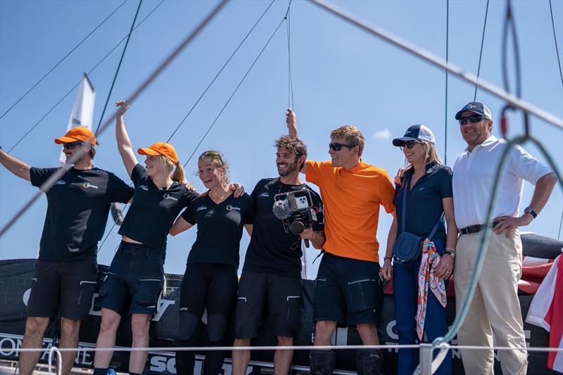 From left to right: Boris Herrmann, Rosalin Kuiper, Axelle Pillain, Antoine Auriol, Will Harris, King Willem-Alexander, and Queen Máxima - The Ocean Race Leg 6 - photo © Marie Lefloch / Team Malizia