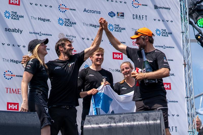 Team Malizia celebrating third place in The Hague - The Ocean Race Leg 6 photo copyright Marie Lefloch / Team Malizia taken at  and featuring the IMOCA class