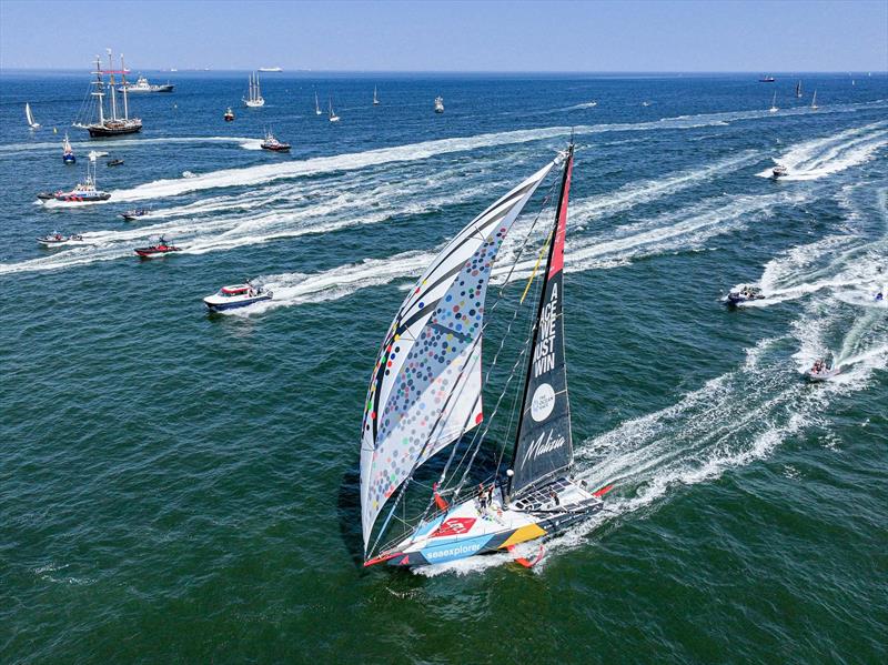 Malizia - Seaexplorer arrived in The Hague surrounded by spectator boats photo copyright Sailing Energy / The Ocean Race taken at  and featuring the IMOCA class