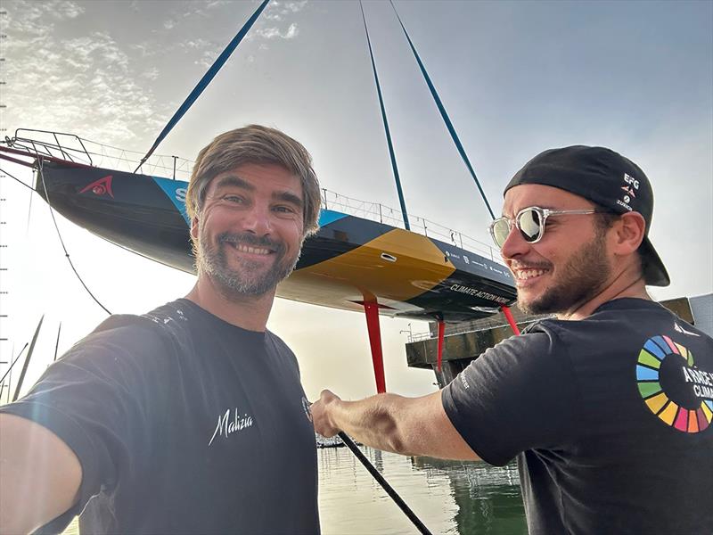A happy skipper Boris Herrmann and Head of Composite Clément Caumont during the boat launch - photo © Boris Herrmann / Team Malizia