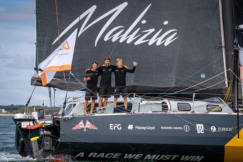 From left to right: Onboard reporter Antoine Auriol, Boris Herrmann, and Will Harris after crossing the finish line in seventh place photo copyright Marie Lefloch / Team Malizia taken at  and featuring the IMOCA class