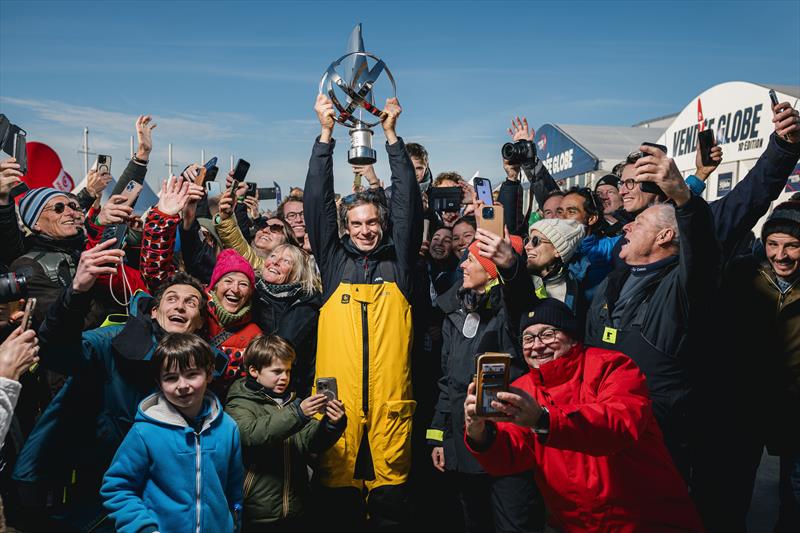 MACIF Santé Prévoyance skipper Charlie Dalin (FRA) with the crowd on pontoons after winning the Vendée Globe - photo © Jean-Louis Carli - Vincent Curutchet / Alea