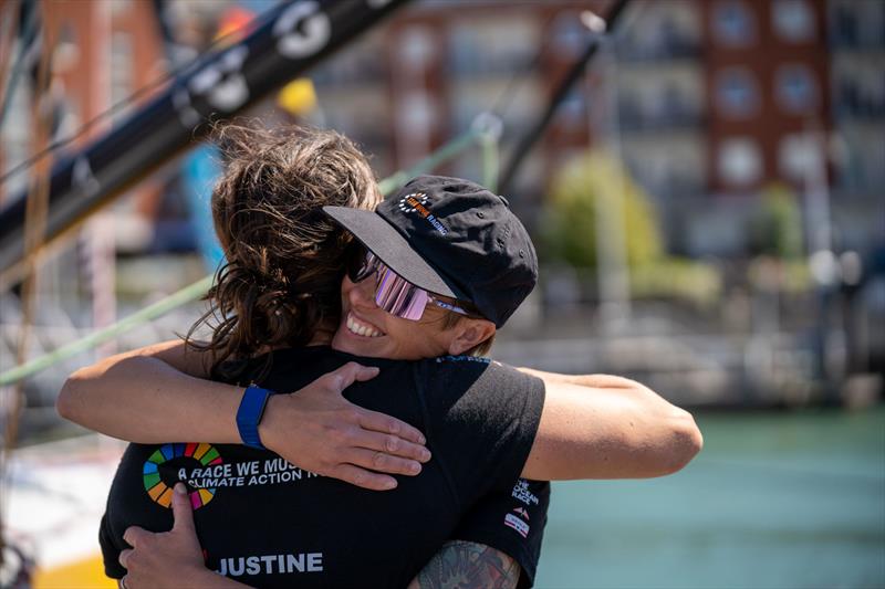 Francesca Clapcich, who will be onboard Malizia - Seaexplorer in the upcoming Leg 2, congratulating Justine Mettraux after Leg 1 of The Ocean Race Europe 2025 - photo © Marie Lefloch / Team Malizia