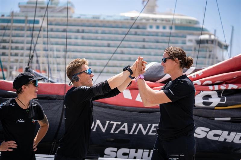 Team Malizia's Francesca Clapcich, Will Harris and Justine Mettraux at the Leg 2 arrival in Cartagena, Spain - photo © Marie Lefloch / Team Malizia