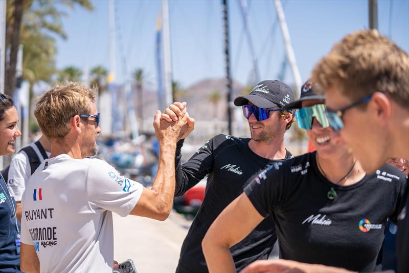 Allagrande MAPEI Racing's Thomas Ruyant congratulating Team Malizia's Loïs Berrerar after a neck and neck battle in Leg 2 - photo © Marie Lefloch / Team Malizia