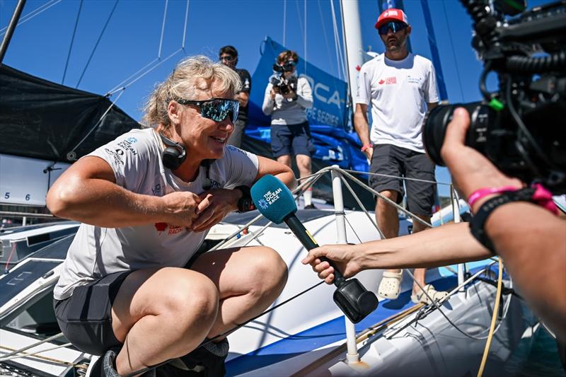 Pip Hare, crew of Canada Ocean Racing - Be Water Positive, speaks with media during Dock-out for the start of Leg 4 during The Ocean Race Europe - photo © Vincent Curutchet / The Ocean Race Europe