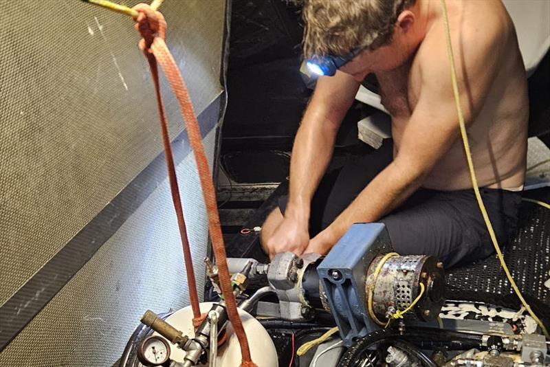 Conrad Colman and Mathieu Blanchard in need of repairs during the Transat Café L'OR - photo © MSIG Europe