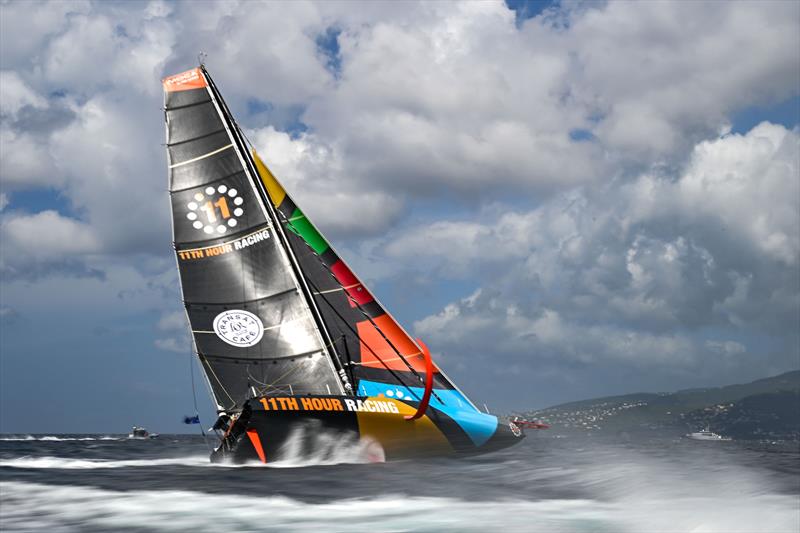 Francesca Clapcich and William Harris on 11th Hour Racing finish 2nd in the IMOCA division of the Transat Café L'OR 2025 photo copyright Jean-Louis Carli / Alea taken at  and featuring the IMOCA class