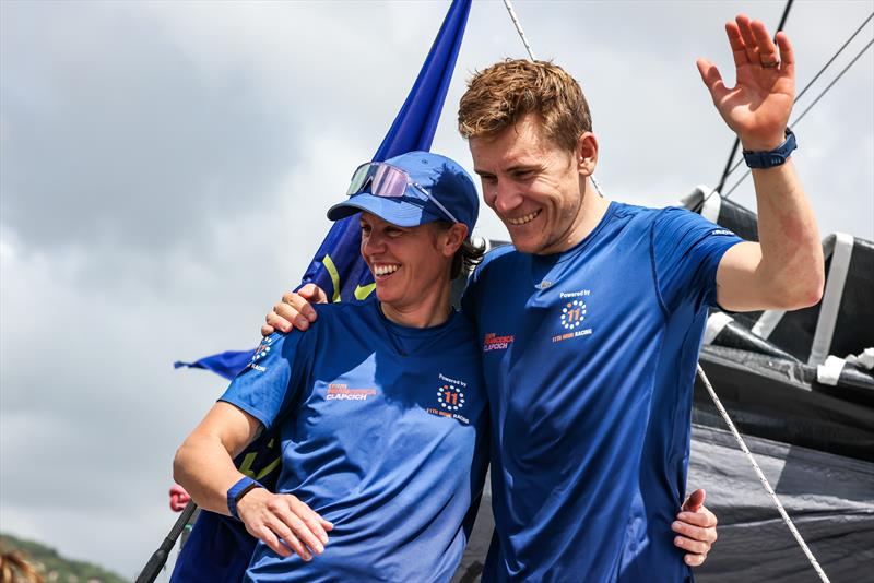 Francesca Clapcich and William Harris on 11th Hour Racing finish 2nd in the IMOCA division of the Transat Café L'OR 2025 photo copyright Jean-Marie Liot / Alea taken at  and featuring the IMOCA class
