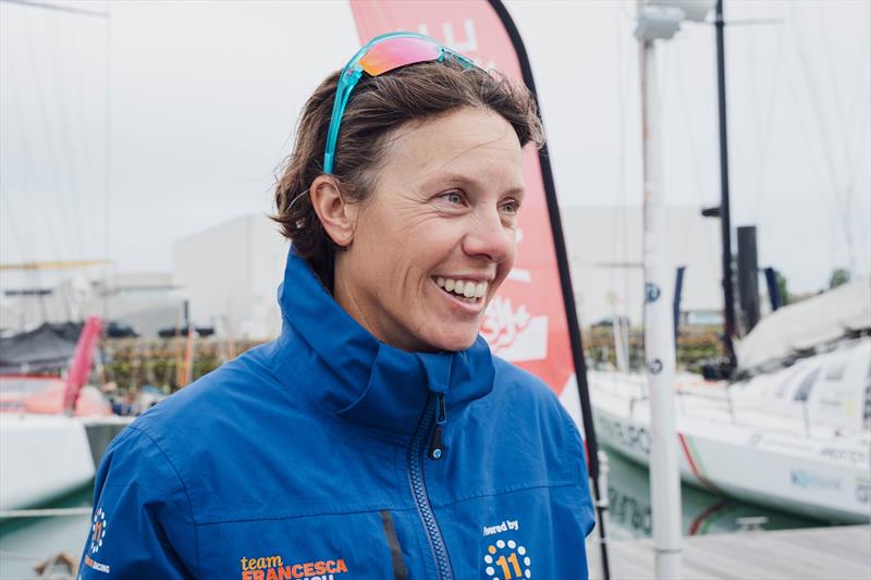 Francesca Clapcich crosses the finish line of the Vendée Arctique–Les Sables d'Olonne in fifth place - photo © Maud Helfgott - polaRYSE  / 11th Hour Racing
