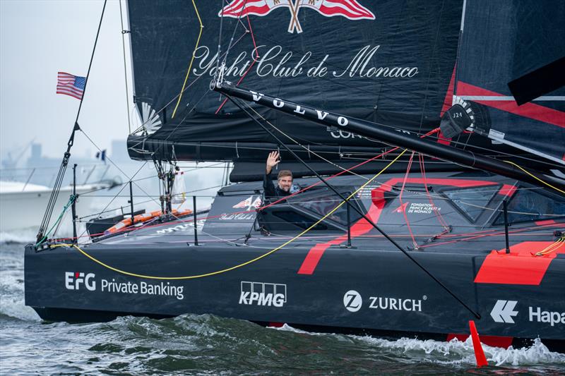 Skipper Boris Herrmann waves as Team Malizia sets off from New York for The Ocean Race Atlantic - photo © Marie Lefloch / Team Malizia