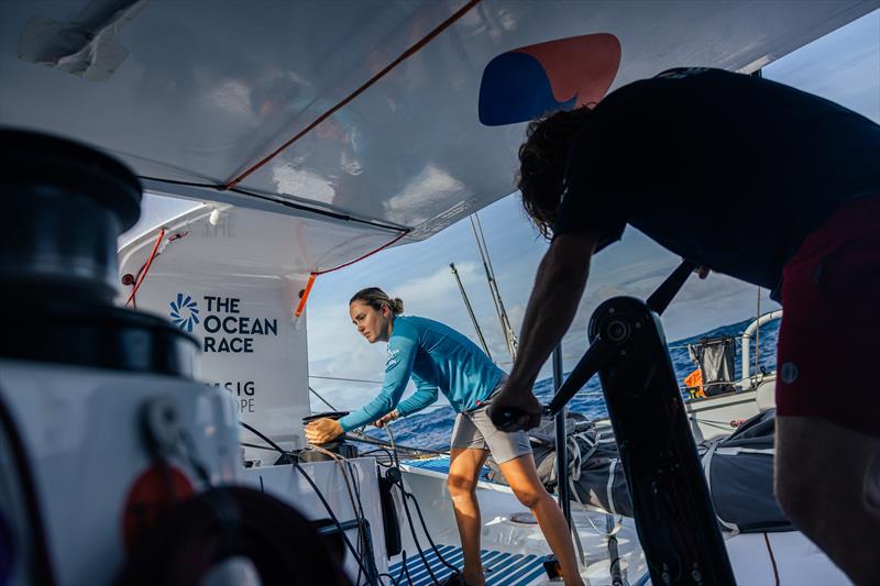 Anna Merchant and Elie Pirnay trim from the cockpit. The Ocean Race Atlantic day 5, on board MSIG Europe - photo © Georgia Schofield / MSIG Europe / The Ocean Race