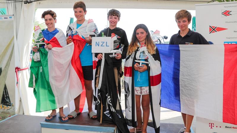 Ben Tapper (NZL) centre of the podium - O'pen Skiff European Championships 2019 - Podium - photo © Jean Marc Favre