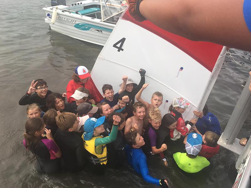 22kids one boat - 2019 NSW O'pen Skiff Champs & The Dolphin Chaser  photo copyright James Lelaen taken at Mannering Park Amateur Sailing Club and featuring the O'pen Skiff class