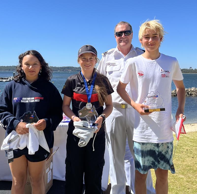 2023 AUS O'pen Skiff Championship Gold Fleet Overall: 3rd Bindy Vitale-Jones, 2nd Addison Newlan, 1st Brenn Armstrong photo copyright AUS O'pen Skiff Association taken at South of Perth Yacht Club and featuring the O'pen Skiff class