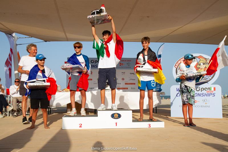 O'pen Skiff World Championship at Rimini - U17 Podium photo copyright Elena Giolai / OpenSkiff Italia taken at Club Nautico Rimini and featuring the O'pen Skiff class