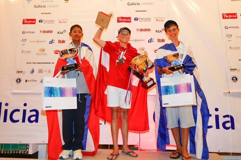 2014 Optimist World Championship podium (l to r) 2nd Voravong Rachrattanaruk (THA), 1st Nicolaz Rolaz (SWI) & 3rd Dimitris Papadimitriou (GRE) photo copyright Matias Capizzano / www.capizzano.com taken at Club Náutico San Isidro and featuring the Optimist class