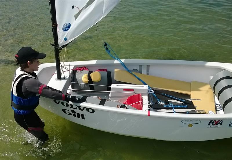 Huw launches at Grafham with the boat donated by the John Merricks Sailing Trust photo copyright RYA taken at Grafham Water Sailing Club and featuring the Optimist class