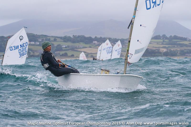 Croatia's Palma Cargo heads the girls fleet on day 3 of the Magic Marine Optimist Europeans photo copyright Alan Dop / www.sportsimages.wales taken at Plas Heli Welsh National Sailing Academy and featuring the Optimist class