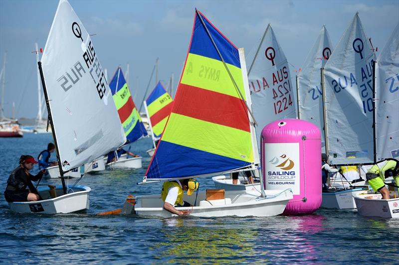Nathan Wilmot rounding the bottom mark of the inaugural Sailing World Cup Opti Olympics (during ISAF Sailing World Cup Melbourne) - photo © Sport the library / Jeff Crow
