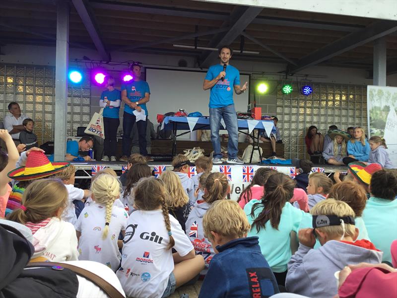 Paul Campbell-James answers questions from the Optimist sailors at this year's Optimist nationals - photo © Paula Irish