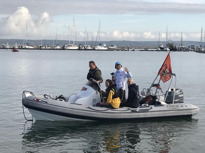 Lijia Xu and Anna Carpenter on the water ready to chat to sailors during the IOCA UK Volvo Gill Optimist End of Season Championship photo copyright IOCA UK taken at Weymouth & Portland Sailing Academy and featuring the Optimist class