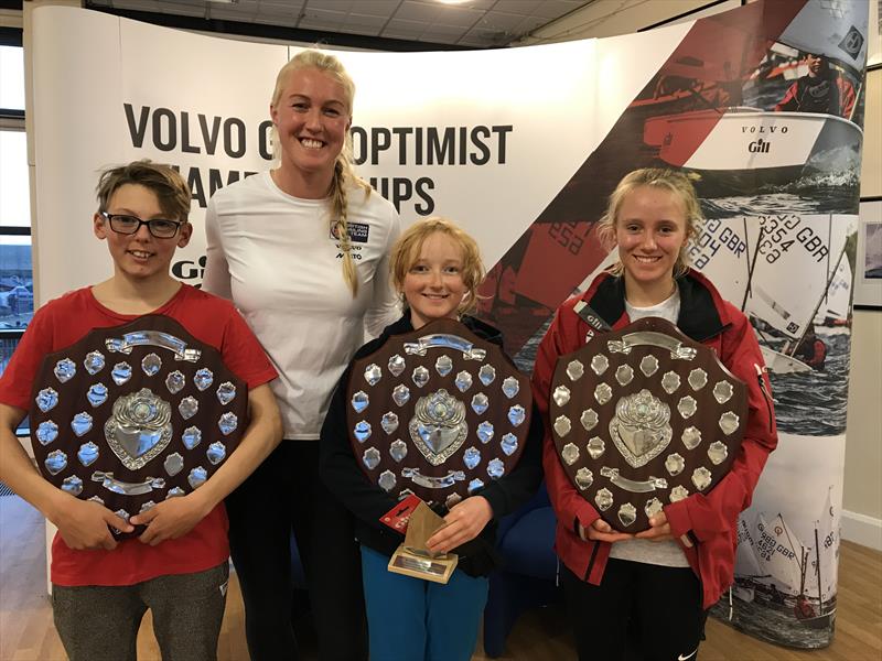 Prize winners Callum Davidson-Guild, Tasmyn Green and Emily Mueller with British Sailing Team 470 crew Anna Carpenter during the IOCA UK Volvo Gill Optimist End of Season Championship photo copyright IOCA UK taken at Weymouth & Portland Sailing Academy and featuring the Optimist class