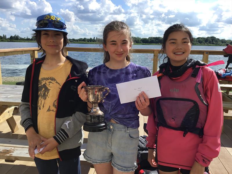 Midlands sailors on the podium for the Optimist open, winner Millie Irish, centre, with Derin Can Soyer and Ellen Morley - photo © Paula Irish