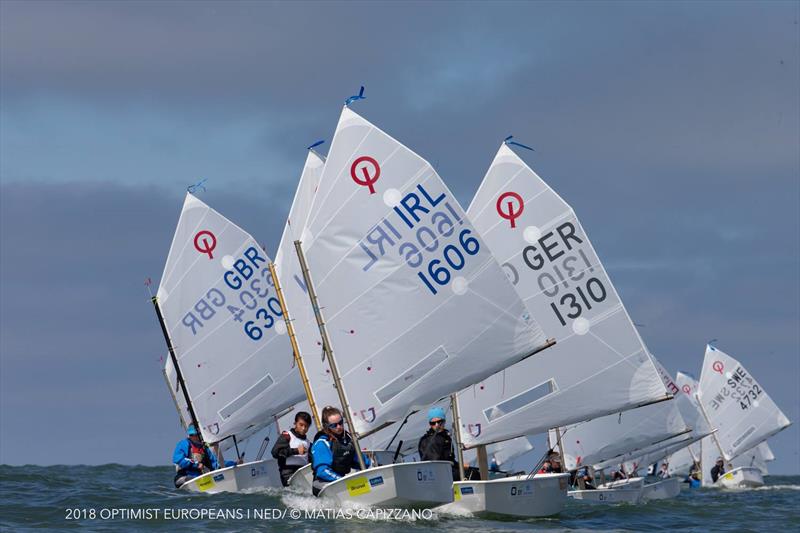 Downwind action in the girls fleet, fighting for the gold at the Optimist Europeans 2018 photo copyright Matias Capizzano taken at Jachtclub Scheveningen and featuring the Optimist class