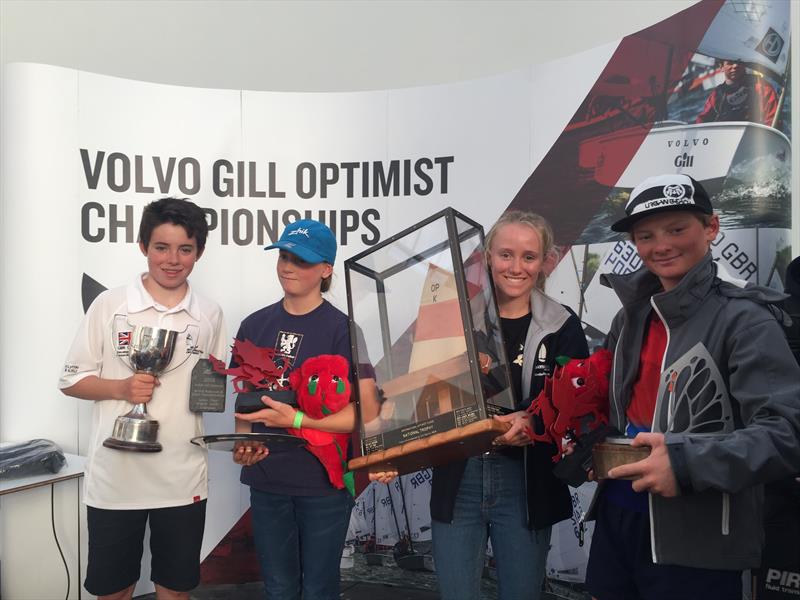 Volvo Gill Optimist British Nationals winners, British senior and junior gold fleet winners, Josh Lyttle, Arwen Fflur, Emily Mueller, Will Pank photo copyright IOCA UK taken at Plas Heli Welsh National Sailing Academy and featuring the Optimist class