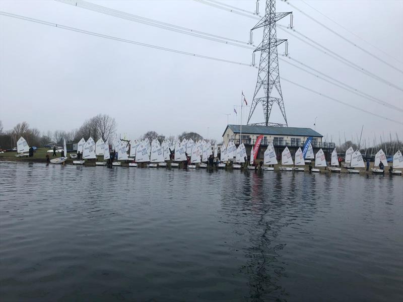 The fleet ready to launch at the Burghfield Winter Optimist Open photo copyright Richard Bourne taken at Burghfield Sailing Club and featuring the Optimist class