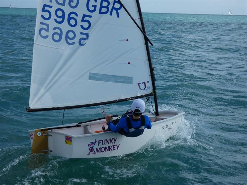 Class 9, 1st Funky Monkey - Sam Romer, during the RCIYC Jersey Spring Regatta photo copyright Elaine Burgis taken at Royal Channel Islands Yacht Club and featuring the Optimist class