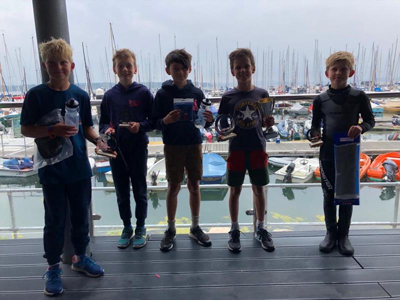 Parkstone Optimist Open Regatta fleet winners (l-r) Felix Howe, Felix Garlick, Oscar Wingate, Jonny Rogers, Fraser Hakes photo copyright Elaine Hakes taken at Parkstone Yacht Club and featuring the Optimist class