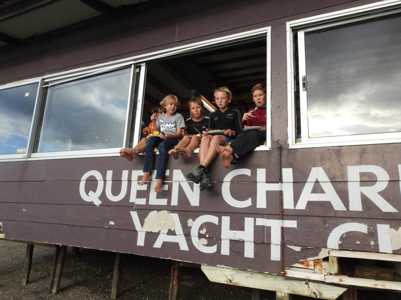 As she does need a spruce up……..Sailors with VIP seats last weekend at their dinner after a long day on the water. (Left to right Mika Boniface, Noah Malpot, Moss and River Hopkins, Louie Poletti. -  2018 Toyota Optimist NZ Nationals, QCYC, March 30,2018 photo copyright Christel Hopkins taken at Queen Charlotte Yacht Club and featuring the Optimist class