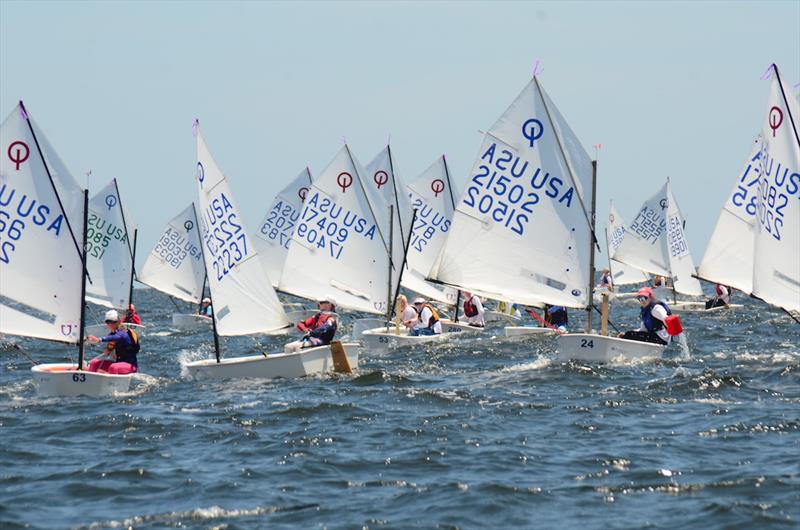 Ian Lent (22237) of Easton CT heads upwind after rounding the leeward mark. He's the right-of-way Opti amid his competition still on their downwind leg in the 2018 Optimist National Championship sailed out of Pensacola Yacht Club photo copyright Talbot Wilson taken at Pensacola Yacht Club and featuring the Optimist class