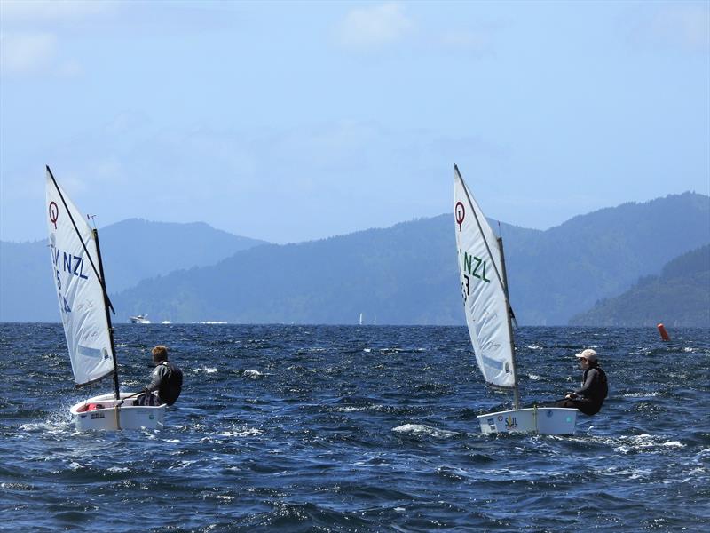 Moss Hopkins (left) and Louie Poletti (right) - Open fleet Optimist photo copyright Queen Charlotte Yacht Club taken at Queen Charlotte Yacht Club and featuring the Optimist class