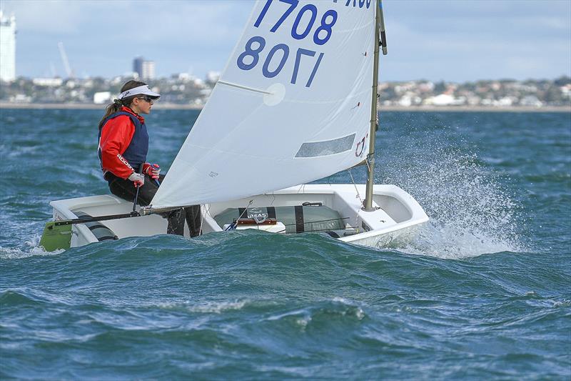 Scarlett Zerbe (AUS) (Royal Brighton YC) Top female and third overall - Silver fleet- Day 6 - 2019 Toyota New Zealand Optimist National Championships, Murrays Bay, April 2019 - photo © Richard Gladwell