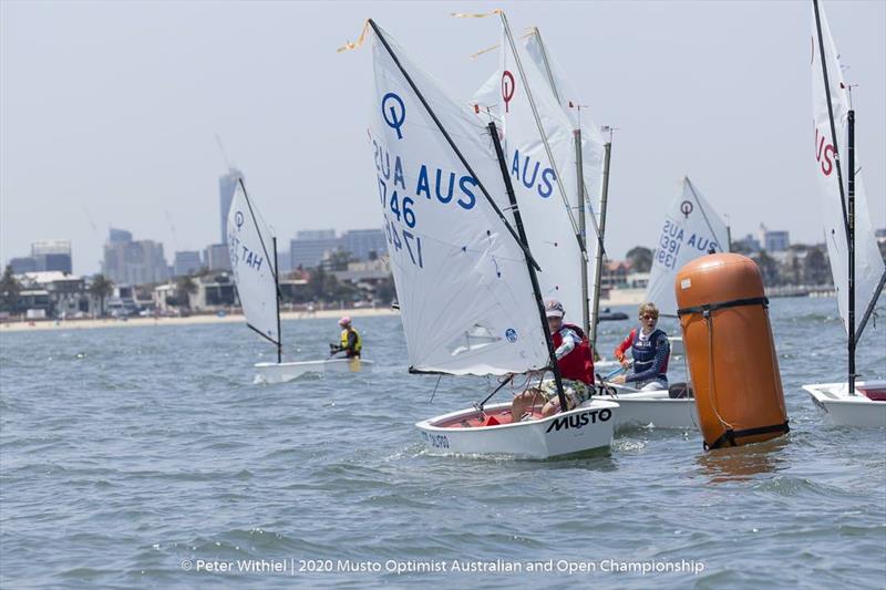 South Australian Charlie Piro leads a group around the bottom mark - 2020 Musto Optimist Australian and Open Championship - photo © Peter Withiel