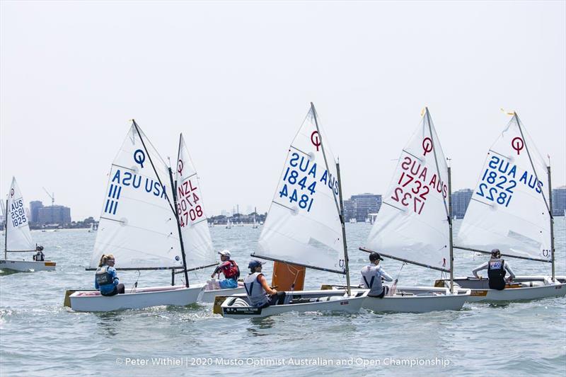 Optimists rounding the windward mark on the final day of the 2020 Musto Optimist Australian and Open Championship photo copyright Peter Withiel taken at Royal Yacht Club of Victoria and featuring the Optimist class