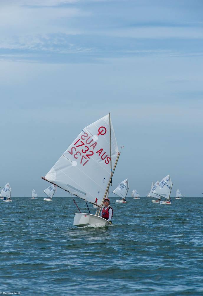 Aidan Simmons leading the fleet in the Victorian Optimist States earlier this month photo copyright Damian Paull taken at Royal Yacht Club of Victoria and featuring the Optimist class