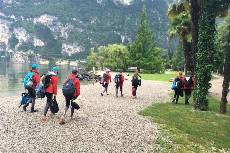 GBR sailors walk to the club each morning for the Optimist Youth Centenary Regatta at Lake Garda - photo © Anette Soyer